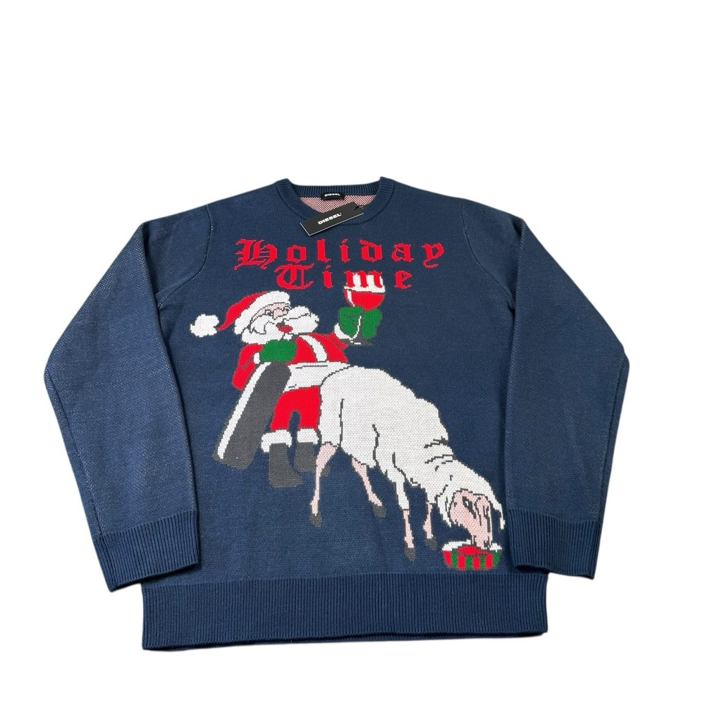 Diesel Mens Blue Santa Sheep Holiday Time Acrylic Knit Sweater Large NWT